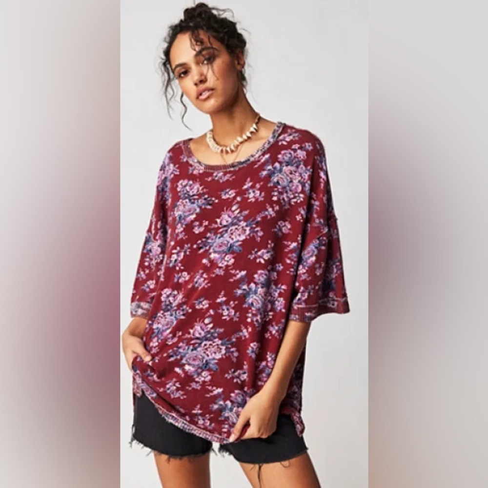 Free People You & Me Lightweight Sweater Tee, Oversized, Tunic, Burgundy, Wine